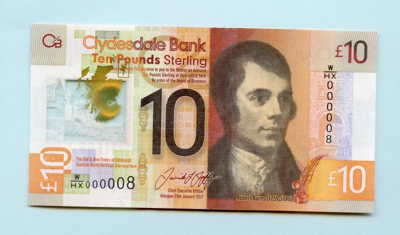 The Clydesdale Bank New Polymer Low Serial Number ( Lucky) 8 £10 Ten Pounds Banknote Dated 29th January 2017
