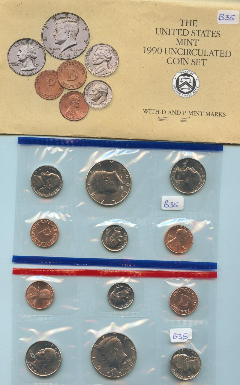 1990 USA United States of America  10 Coin Uncirculated Sealed  Coin Sets  D & P Mintmarks