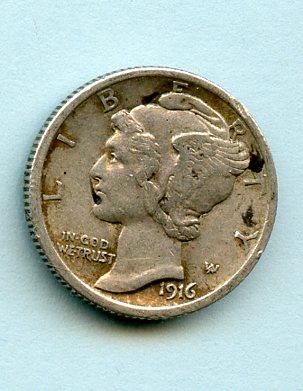 U.S.A Silver Dime 10 Cents Coin Dated 1916