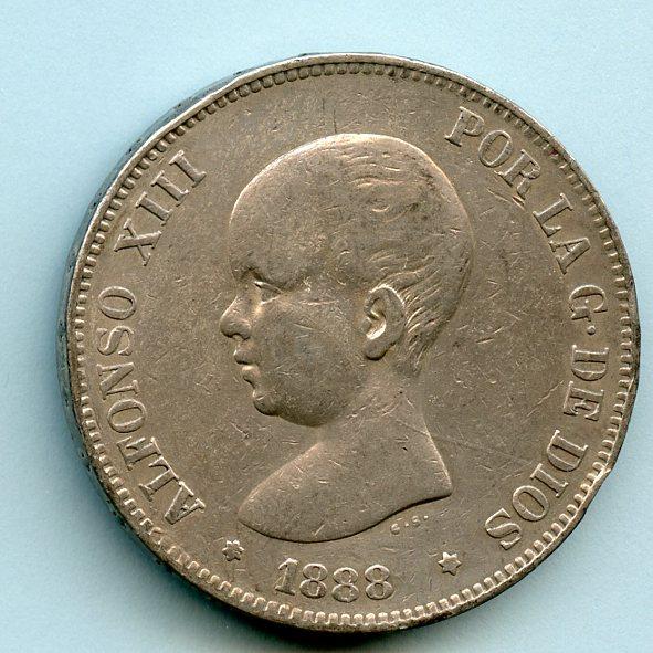Spain  Silver 5 Pesetas Coin  Dated 1888