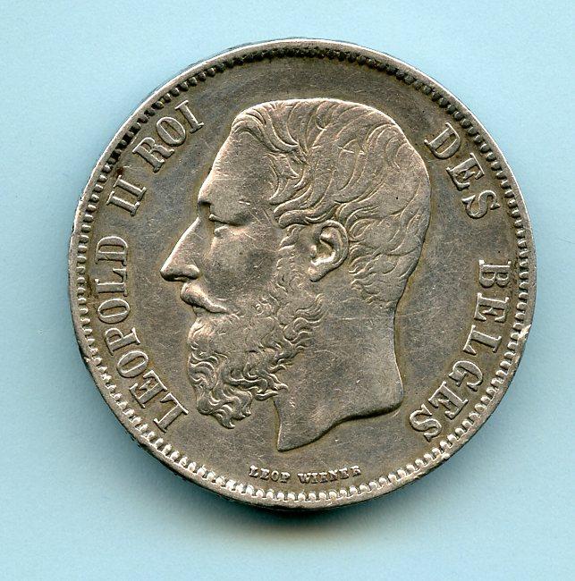 Belgium 1869  Silver 5 Francs Coin