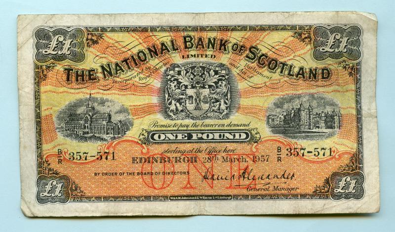 National  Bank of Scotland £1 Banknote Dated 28th March 1957