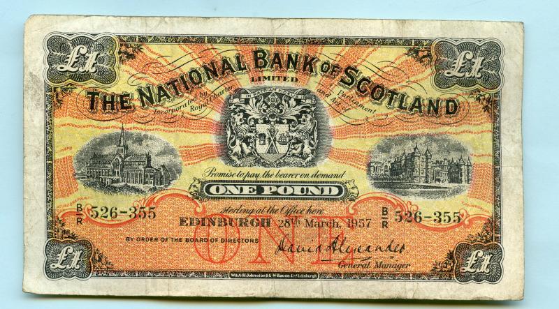 National  Bank of Scotland £1 Banknote Dated 28th March 1957