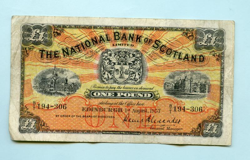 National  Bank of Scotland £1 Banknote Dated 1st August 1957