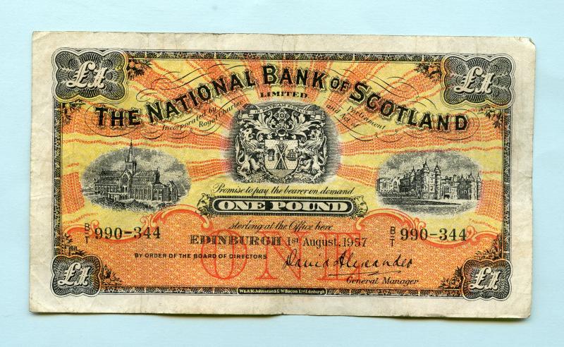 National  Bank of Scotland £1 Banknote Dated 1st August 1957