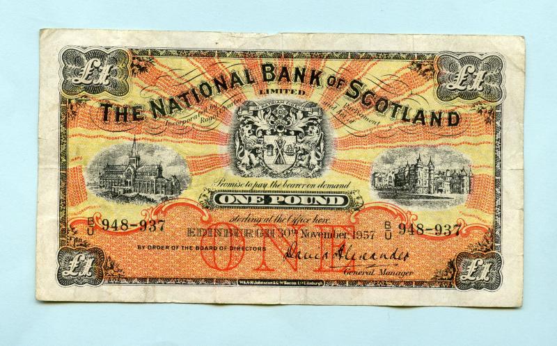 National  Bank of Scotland £1 Banknote Dated 30th November 1957