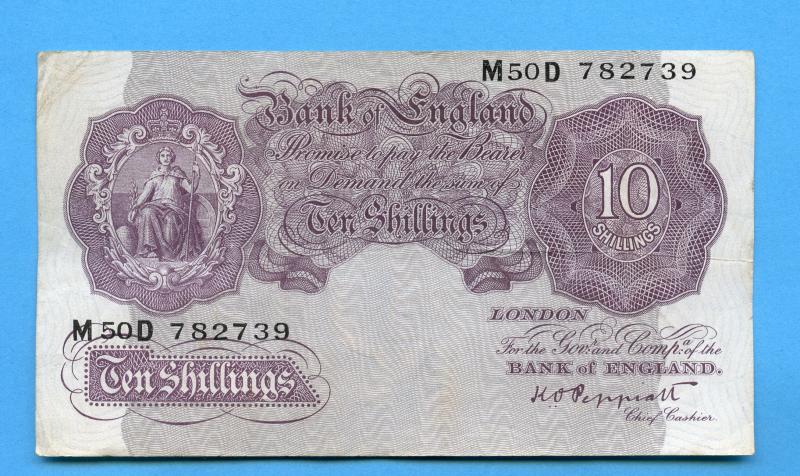 Bank of England Ten Shillings Note  Mauve Emergency WW2 Issue 1940-48 Signature K. O. Peppiatt Prefix M 50 D