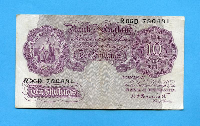 Bank of England Ten Shillings Note  Mauve Emergency WW2 Issue 1940-48 Signature K. O. Peppiat Prefix R 06 D