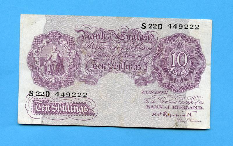 Bank of England Ten Shillings Note  Mauve Emergency WW2 Issue 1940-48 Signature K. O. Peppiatt Prefix S 22 D
