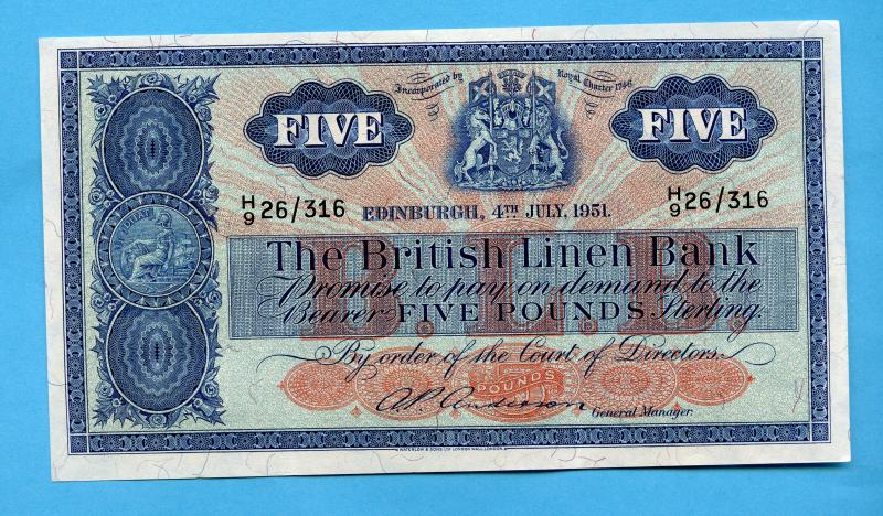 British Linen Bank Five Pounds Banknote Dated 4th July 1951 Serial  H9 26/316