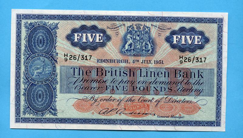 British Linen Bank Five Pounds Banknote Dated 4th  July 1951  Serial  H9 26/317