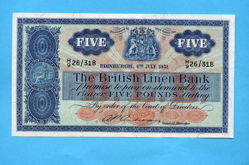 British Linen Bank Five Pounds Banknote Dated 4th July 1951  Serial  H9 26/318