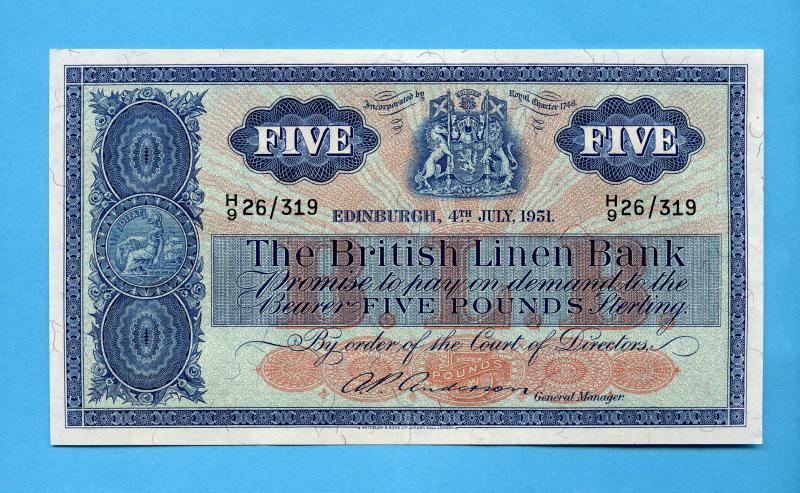British Linen Bank Five Pounds Banknote Dated 4th July 1951  Serial  H9 26/319