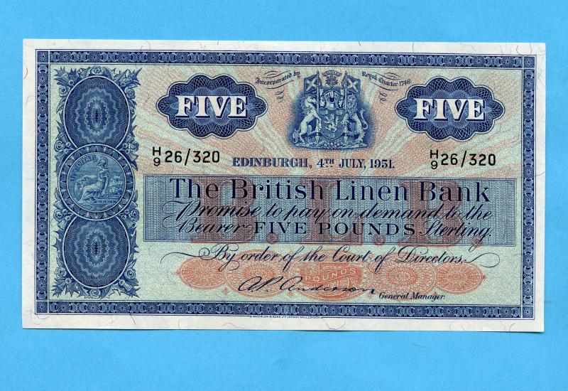 British Linen Bank Five Pounds Banknote Dated 4th July 1951  Serial  H9 26/320