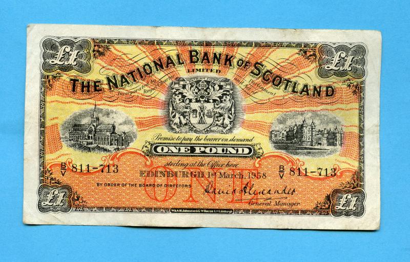 National  Bank of Scotland £1 Banknote Dated 1st March 1958
