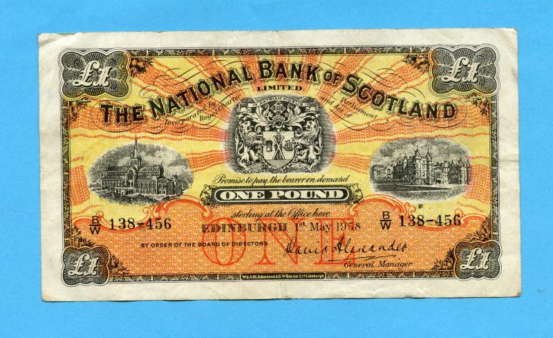 National  Bank of Scotland £1 Banknote Dated 1st May 1958