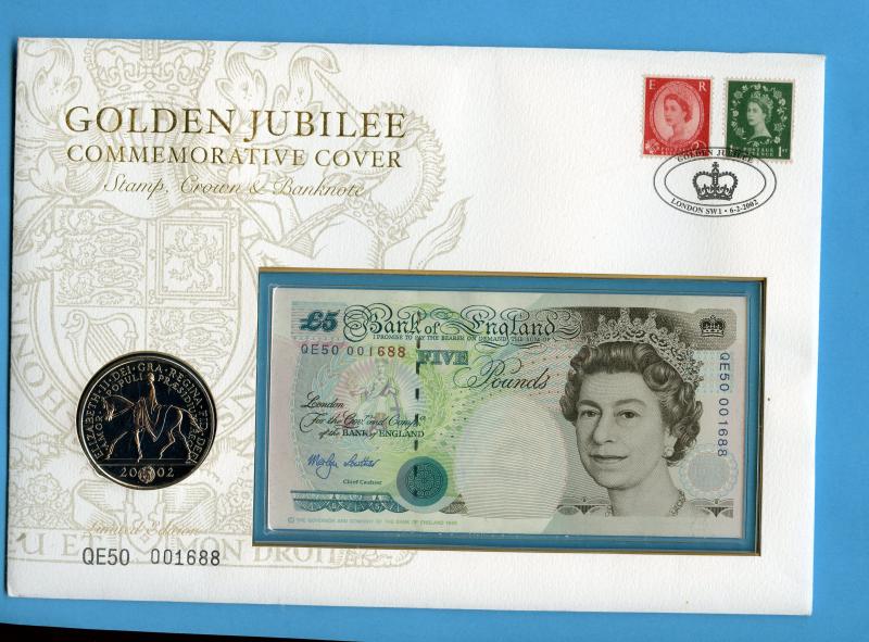 QE50 - Queens Golden Jubilee 2002 Limited Edition Presentation folder with Bank of England Lowther Uncirculated £5 Note