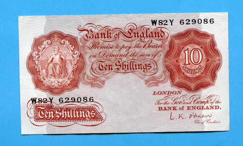 Bank of England Ten Shillings Note  November 1955 Signature L.K.O'Brien Serial W 45 Y