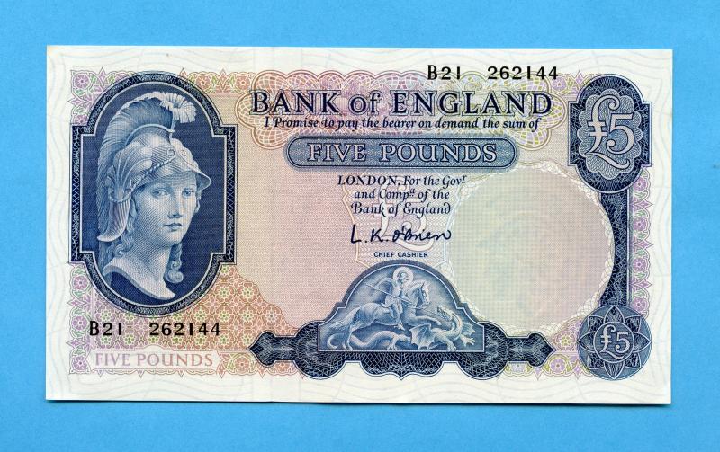 Bank of England £5 Five Pound Note   February 1957  Signatory L K O'Brien Serial  B21