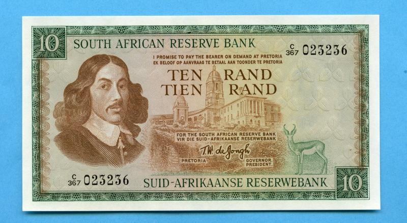 South Africa Unc Ten Rand Banknote 1975 Signature T.W. de Jongh, Watermark van Riebeeck