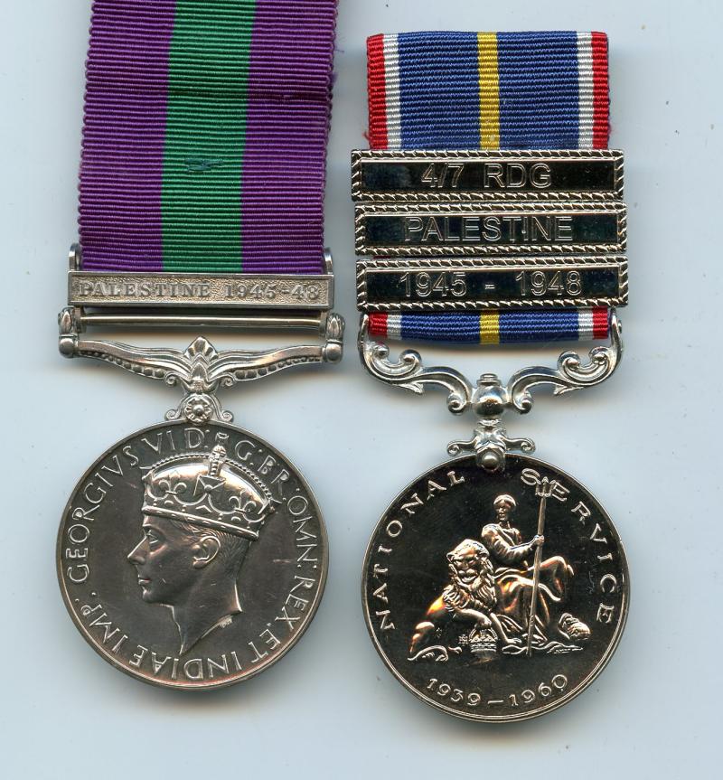 Palestine GSM Medal & National Service Medal To Trooper W Ewing, 4th/7th Royal Dragoon Guards