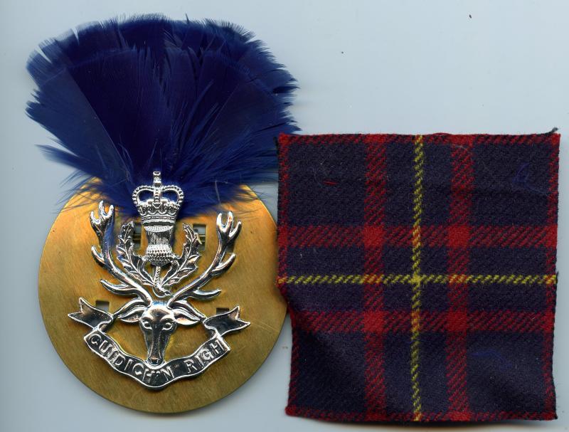 The Queens Own Highlanders  Anodised Cap Badge With Blue Hackle Tartan Patch and Backing Plate