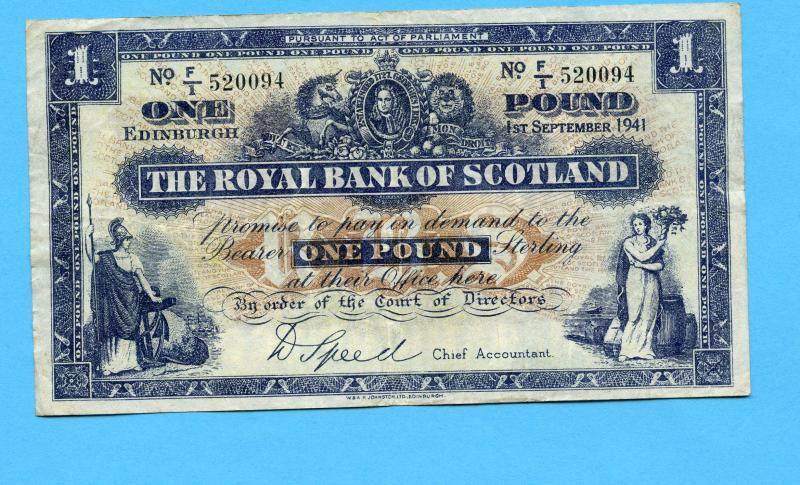 Royal Bank of Scotland £1 One Pound Note  Dated 1st September 1941