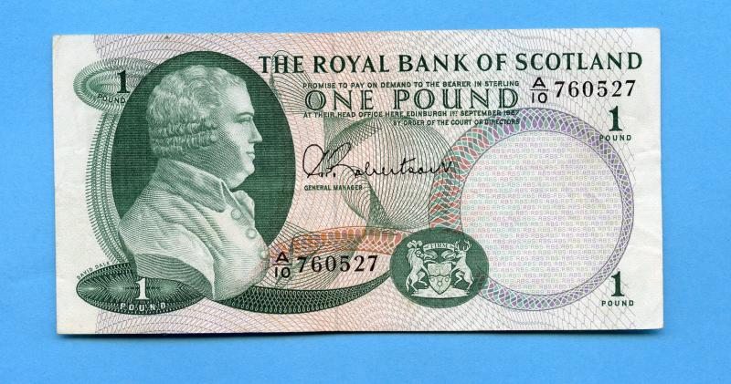 Royal Bank of Scotland £1 One Pound Note  Dated 1st September 1967