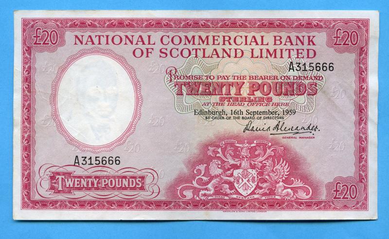 National Commercial Bank of Scotland  £20  Twenty Pounds Banknote Dated 16th September 1959