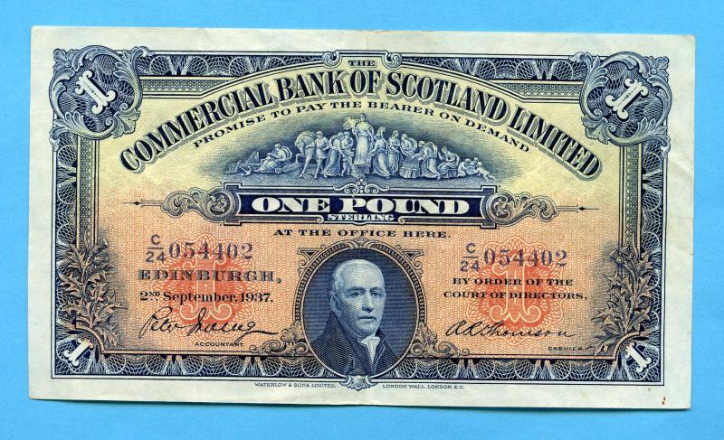 The Commercial Bank of Scotland  £1 One Pound Note Dated 2nd September 1937