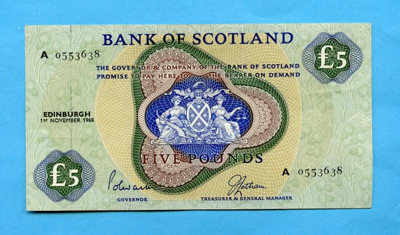 Bank of Scotland £5 Five Pounds Note Dated 1st November 1968