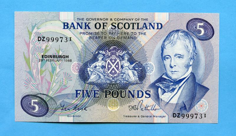 Bank of Scotland £5 Five  Pounds Note Dated  29th February 1988