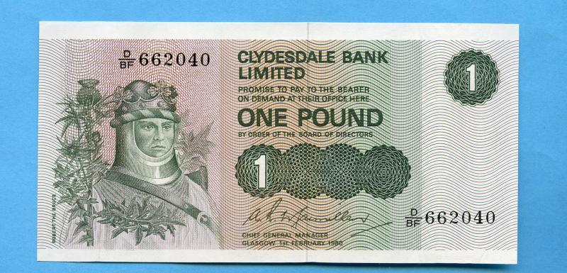 Clydesdale Bank  £1 One  Pound Note Dated 1st February 1980