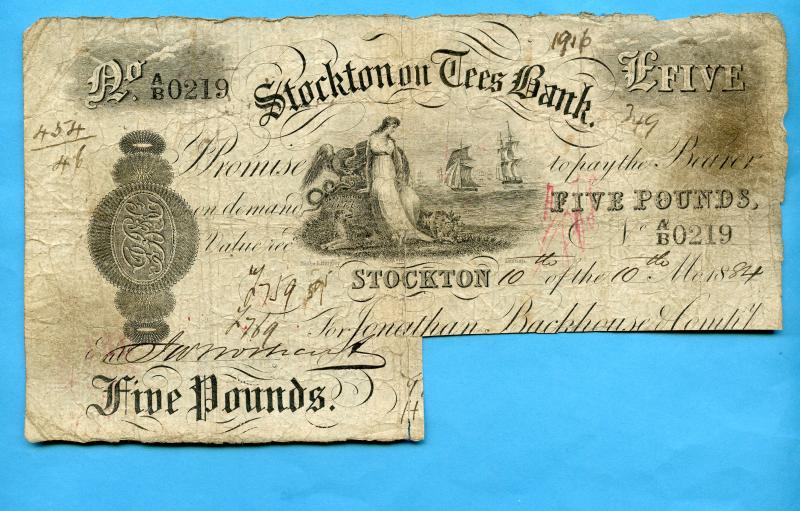 Stockton on Tees Bank £5 Pound Note   Dated 10th May 1884