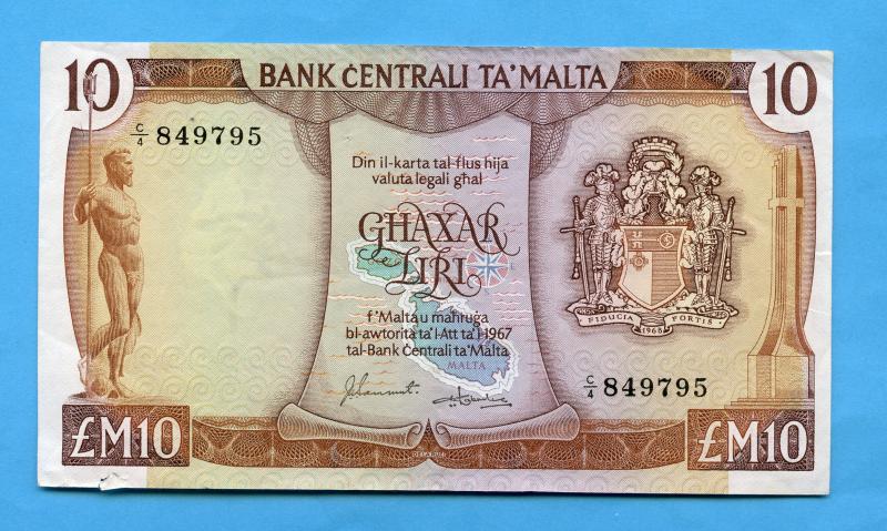 Malta £M10 10 Liri Banknote 1973