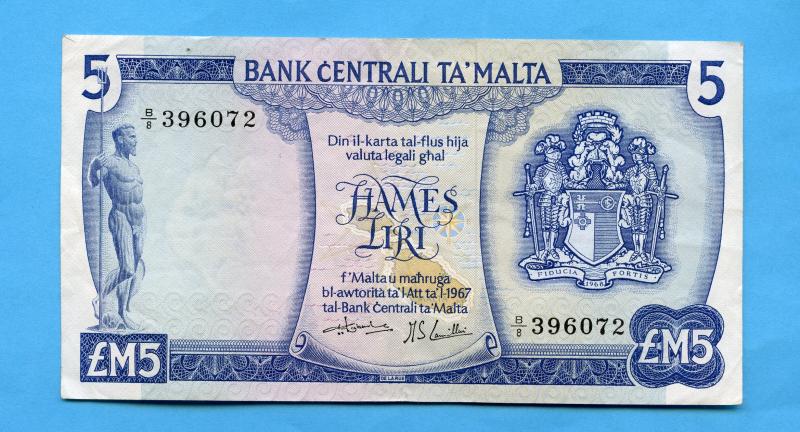 Malta  £M5 5 Liri Banknote 1973