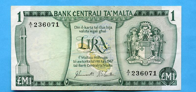 Malta  £M1 1 Liri Banknote 1967 Prefix A1