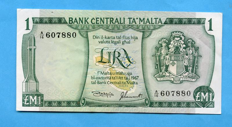 Malta  £M1 1 Liri Banknote 1967 Prefix A16