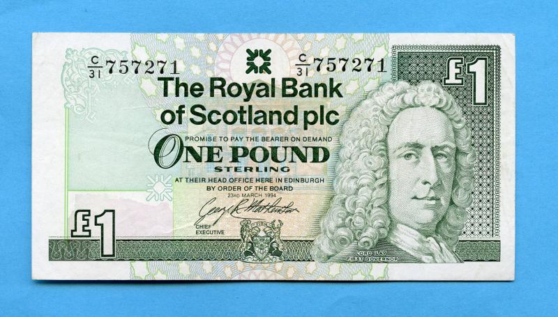Royal Bank of Scotland £1 One Pound Notes  Dated 23rd March 1994 Un- Watermarked Headless Note