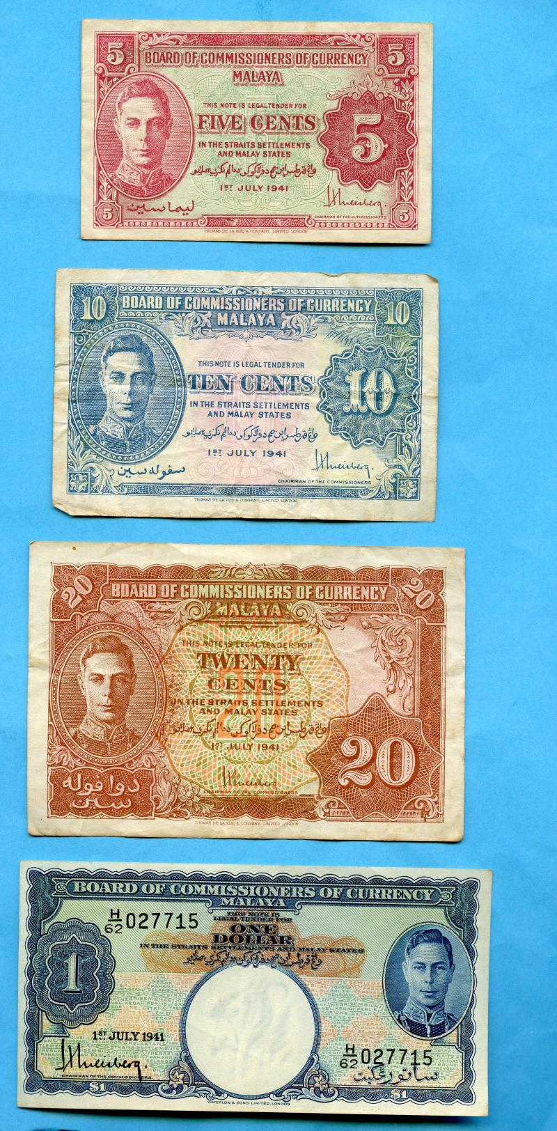 Set of Malaya Banknotes Dated 1st July 1941