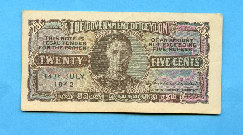 Ceylon Twenty Five Cents Banknote  Dated 14th July 1942