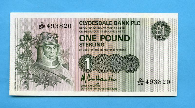 Clydesdale Bank £1 One Pound Note Dated 9th November 1988