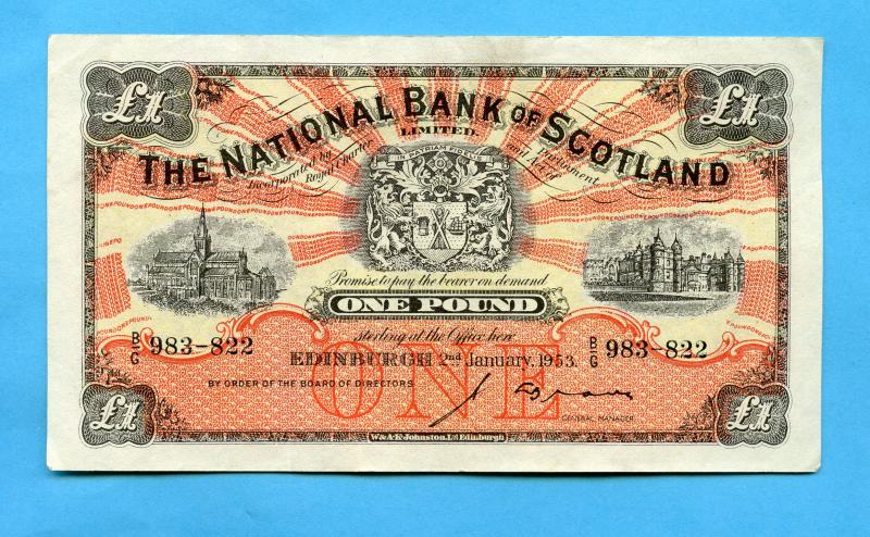 National  Bank of Scotland £1 Banknote Dated 2nd January 1953