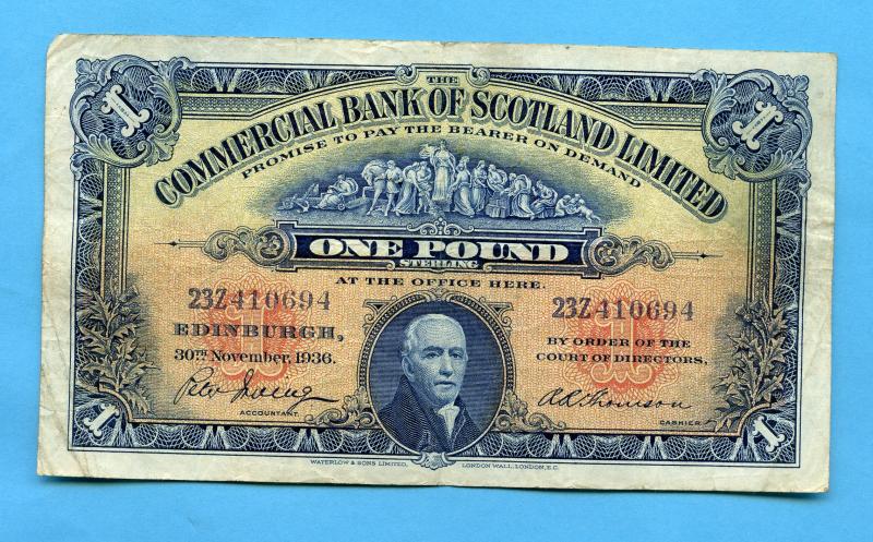 The Commercial Bank of Scotland £1 Pound Note Dated  30th November 1936