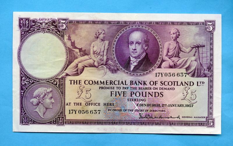 The Commercial Bank of Scotland  £5 Five Pounds Note Dated 2nd January 1957
