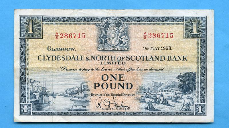 The Clydesdale Bank & North of Scotland Ltd  £1 One Pound Banknote Dated 1st May 1958