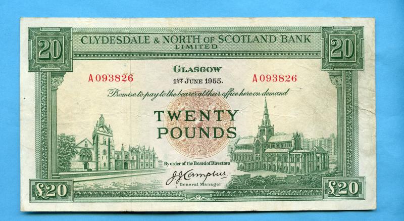 The Clydesdale Bank & North of Scotland Ltd  £20 Twenty Pounds Banknote Dated 1st June 1955