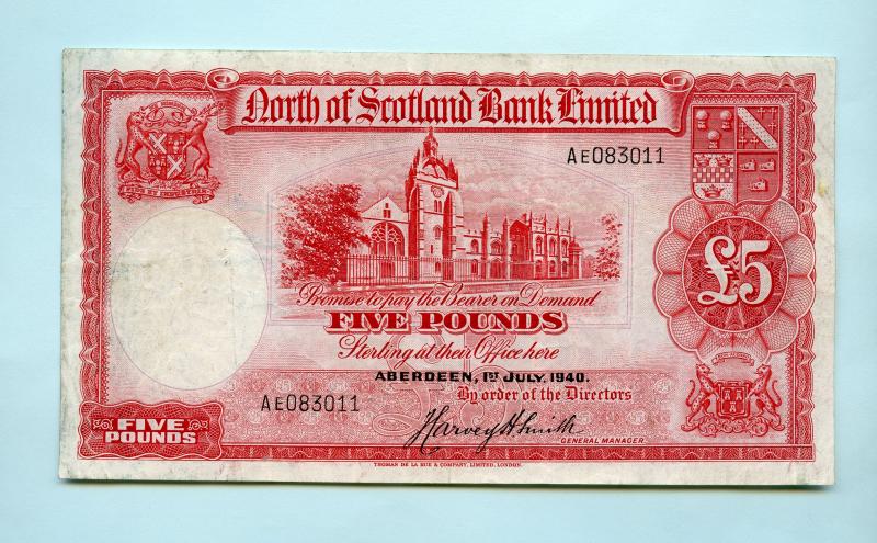 North of Scotland Bank Five Pounds Note Dated 1st July 1940