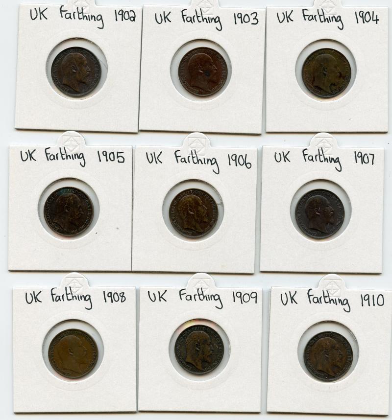 Complete Date Run of Edward VII Farthing Coins 1902-1910