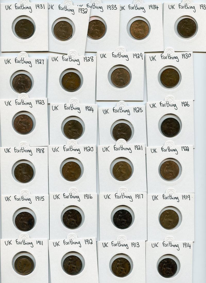 Complete Date Run of George V Farthing Coins  1911-1936